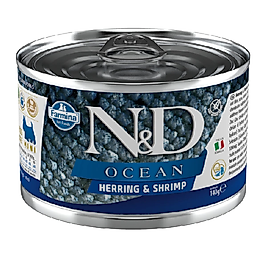N&D Ocean Ringa Balıklı ve Karidesli Tahılsız Küçük Irk Yetişkin Köpek Konservesi 140gr